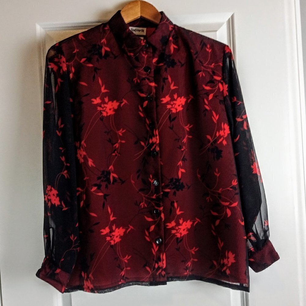 Vintage BonWorth Black Red Leaf Print Sheer Blouse
